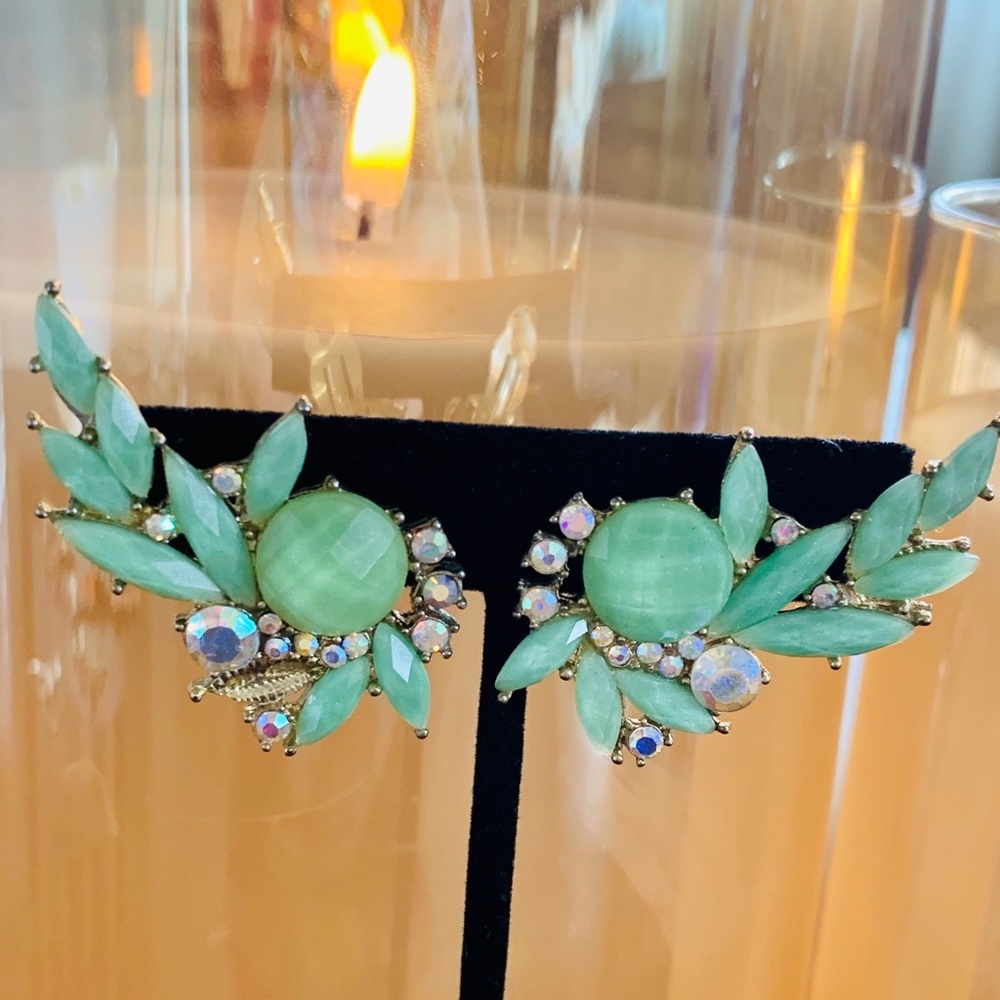 Green crystal clip on earrings